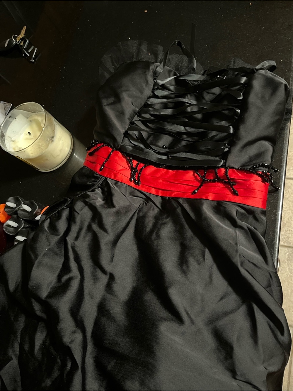Romancing Helena Black, Red Strapless Evening Dress Lace-Up Bodice dollskill